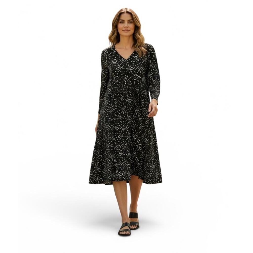 J Jill Black White Print Knit Dress Wearever Collection Long Sleeve LARGE Office